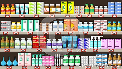 Pharmacy shelves with medicine Vector Illustration