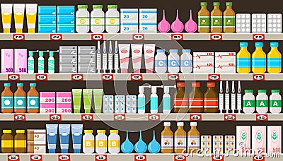 Pharmacy shelves with medicine.Vitamins, medicines, pills, ointments Vector Illustration