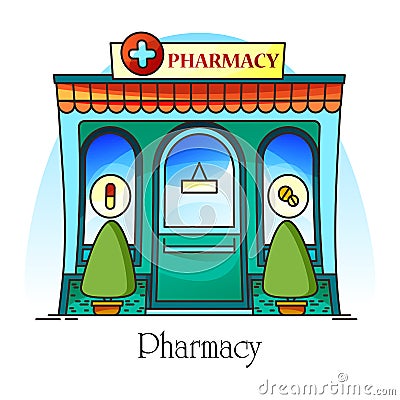 Pharmacy shop facade or clinic, drug store Vector Illustration