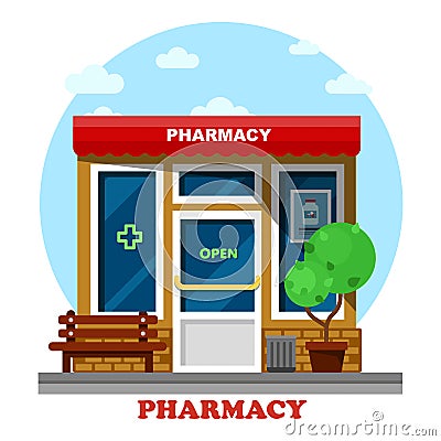 Pharmacy shop or store, drugstore building Vector Illustration