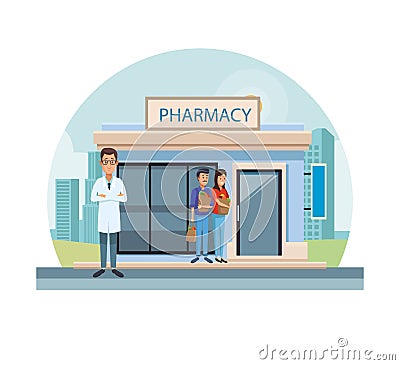 Pharmacy store at city Vector Illustration