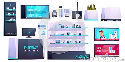 Pharmacy store, medical drugstore equipment set. Vector Illustration