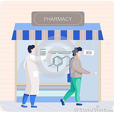 Pharmacy store with signboard, awning and symbol in shop window. Pharmacists talking to patient Vector Illustration