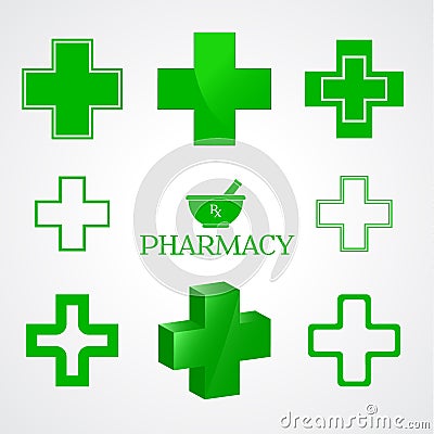 Pharmacy symbols in green color on white Vector Illustration