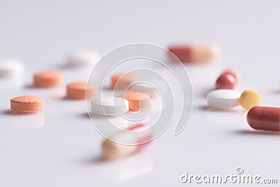 Pharmacy theme, medicine tablets antibiotic pills. Stock Photo