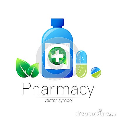 Pharmacy vector symbol of blue bottle with cross and pill tablet capsule and leaf for pharmacist, pharma store, doctor Vector Illustration