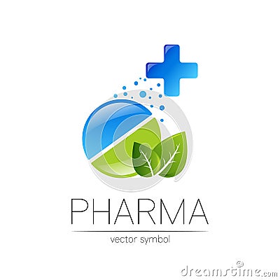 Pharmacy vector symbol with green leaf and cross for pharmacist, pharma store, doctor and medicine. Modern design vector Vector Illustration