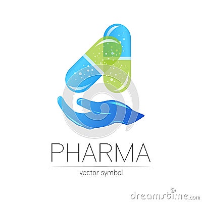 Pharmacy vector symbol with hand for pharmacist, pharma store, doctor and medicine. Modern design vector logo on white Vector Illustration