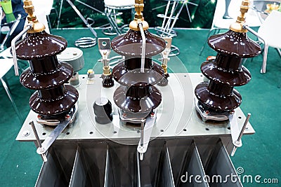 3-phase oil transformer. Power electrical disconnect Stock Photo