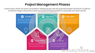 5 phase project management infographic template banner with badge arrow box shape structure up and down with 5 point list Stock Photo
