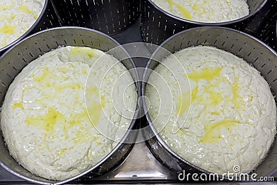 Phases of Greek feta cheese production in Greece Stock Photo