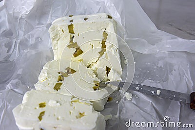Phases of Greek feta cheese production in Greece Stock Photo