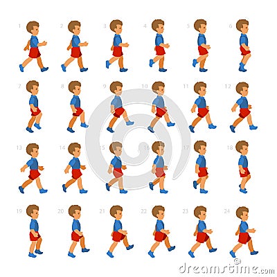 Phases of Step Movements Boy in Walking Sequence for Game Animation Vector Illustration