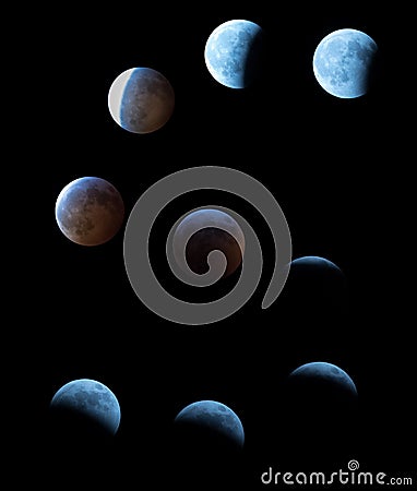 Phases of the Super Blood Wolf Moon with the total lunar eclipse in the center Stock Photo