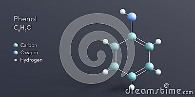 phenol molecule 3d rendering, flat molecular structure with chemical formula and atoms color coding Stock Photo
