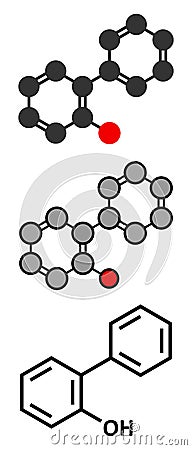 2-Phenylphenol biocide molecule. Commonly used preservative; also known as biphenylol and orthophenyl phenol Vector Illustration