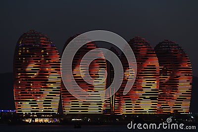 Pheonix Island Sanya, illuminated buildings. Unique modern design Editorial Stock Photo