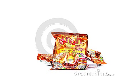 Phichit, Thailand, 2 May 2020, Instant noodles Mama Tom Yum Kung flavor in packaging,on a white background,Mama is a famous Editorial Stock Photo