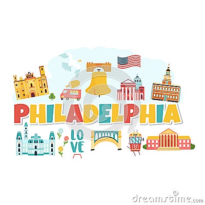 Philadelphia banner with landmarks and symbols Vector Illustration