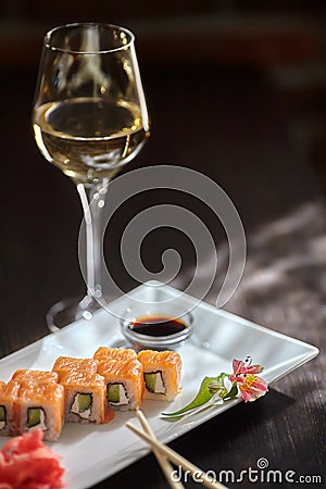 Philadelphia maki sushi rolls with salmon, cheese cream and cucumber Stock Photo