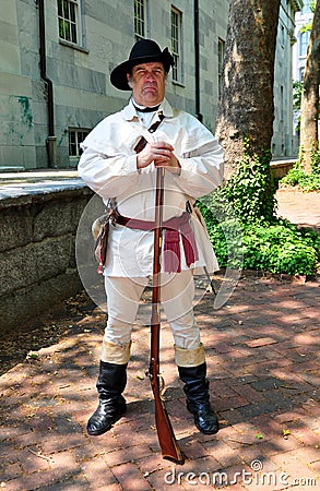 Philadelphia, Pa: Guide Wearing 18th Century Soldier Uniform Editorial Stock Photo