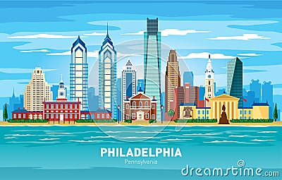 Philadelphia Pennsylvania city skyline color vector silhouette Cartoon Illustration