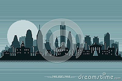 Philadelphia Pennsylvania city skyline pixel silhouette Cartoon Illustration