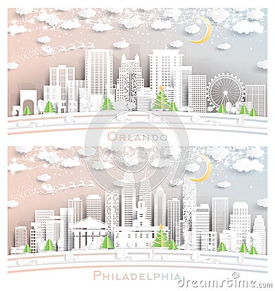 Philadelphia Pennsylvania and Orlando Florida USA City Skyline Set Stock Photo