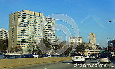 Philadelphia, Pennsylvania, U.S.A - February 9, 2020 - The view of the traffic on Interstate 676 East and 30 East into the city Editorial Stock Photo
