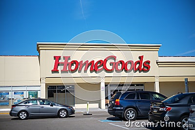 HomeGoods retail store exterior and sign. HomeGoods is a chain of home furnishing stores operated by TJX Companies. Easter decorat Editorial Stock Photo