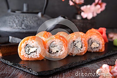 Philadelphia roll sushi with salmon, cream cheese. Sushi menu. Stock Photo