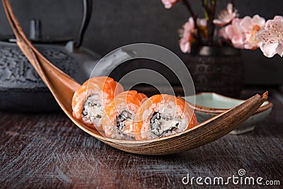 Philadelphia roll sushi with salmon, cream cheese. Sushi menu. Stock Photo