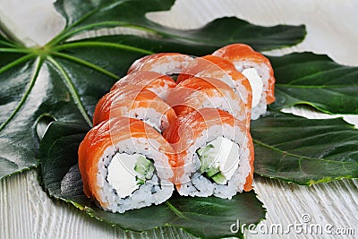 Philadelphia Roll Sushi tropical leaves still life Stock Photo