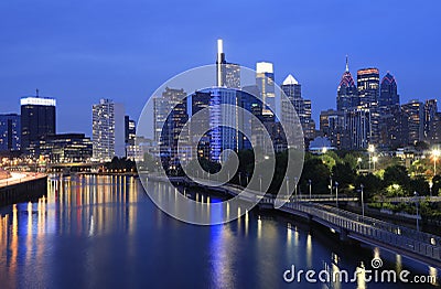 Philadelphia skyline at dusk with the Schuylkill River on the foreground Editorial Stock Photo
