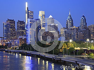 Philadelphia skyline at night with the Schuylkill River on the foreground Stock Photo