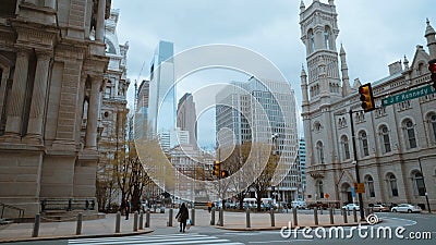 Philadelphia street corner with Masonic Temple and City Hall - travel photography Editorial Stock Photo