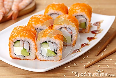 Philadelphia sushi roll with shrimp, avocado Stock Photo