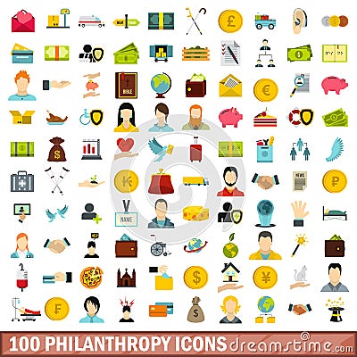 100 philanthropy icons set, flat style Vector Illustration