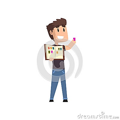 Philatelic collector holding album with stamps vector Illustration on a white background Vector Illustration