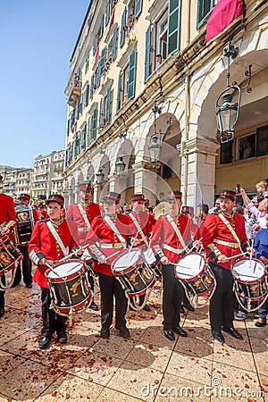 Philharmonic musicians playing in Corfu Easter holiday celebrations among crowd, Ionian, Greece Editorial Stock Photo