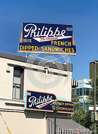 Philippe french dipped sanwiches sign Los Angeles CA Editorial Stock Photo