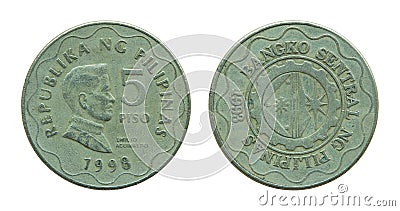 Philippine five peso coins isolated on white Stock Photo