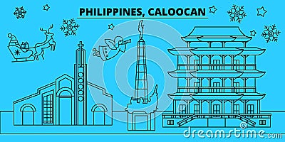 Philippines, Caloocan winter holidays skyline. Merry Christmas, Happy New Year decorated banner with Santa Claus Vector Illustration