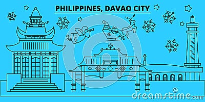 Philippines, Davao City winter holidays skyline. Merry Christmas, Happy New Year decorated banner with Santa Claus Vector Illustration