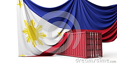 Philippines flag draped over a commercial shipping container. 3D Rendering Stock Photo