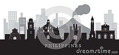Philippines Landmarks Skyline in Black and White Silhouette Vector Illustration