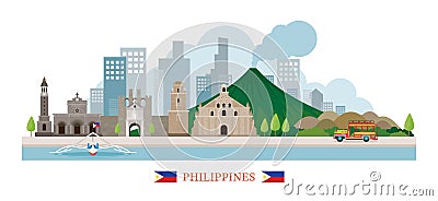Philippines Landmarks Skyline Vector Illustration