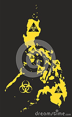 Philippines map with biohazard virus sign in black and yellow Vector Illustration