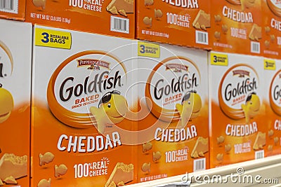 May 2022: Pepperidge Farm Goldfish cheddar flavored baked snack crackers for sale at the aisle of a supermarket Editorial Stock Photo