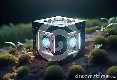 philosophical cube of existence, floating glowing elements, ideal nature environment, fantastic illustration, Cartoon Illustration